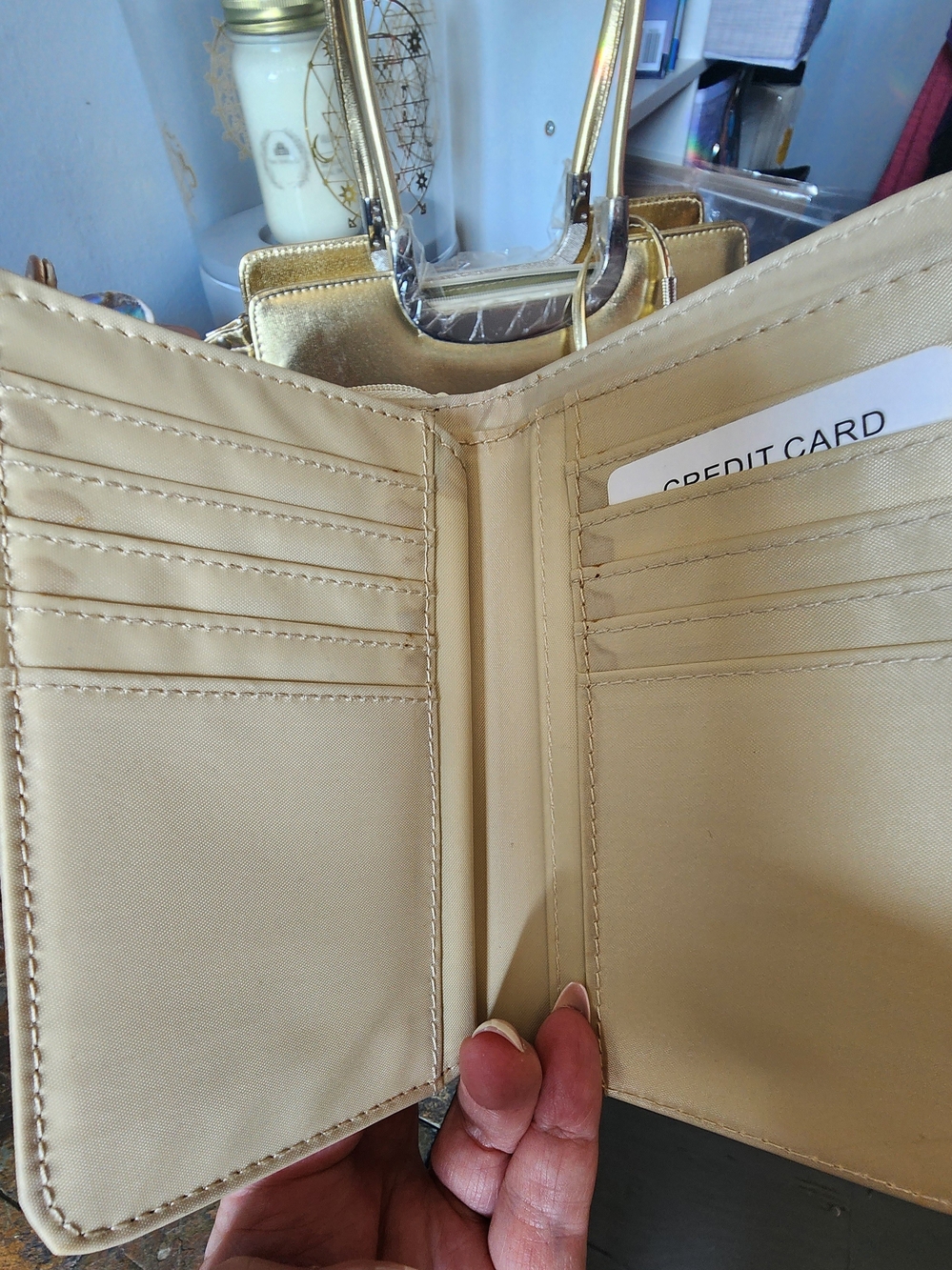 3 Pc Gold Metallic Structured Satchel Handbag with Matching Wallet - Picture 4 of 14